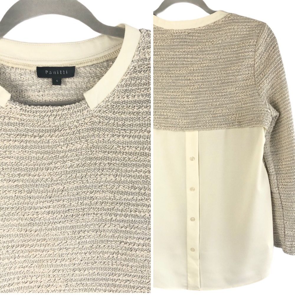 Beige Sweater Top S Layering Contrasting Buttoned Back Long Sleeves Tan Knit